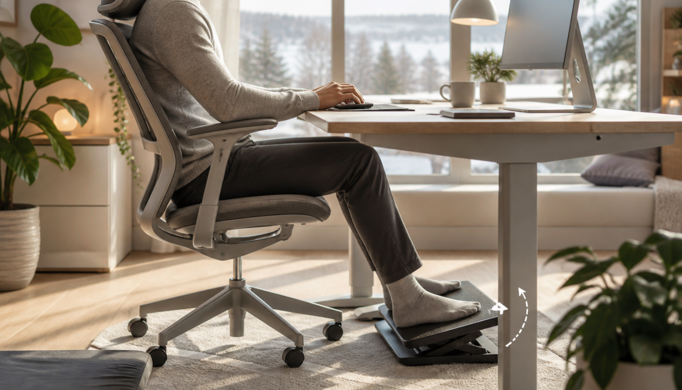 homme assis sur bureau avec repose pied ergonomique