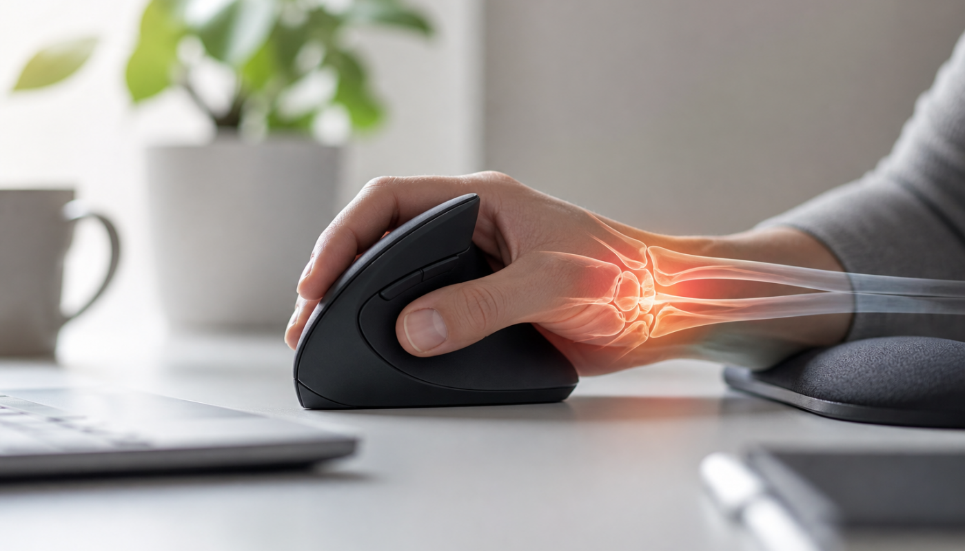 main sur souris ergonomique de bureau