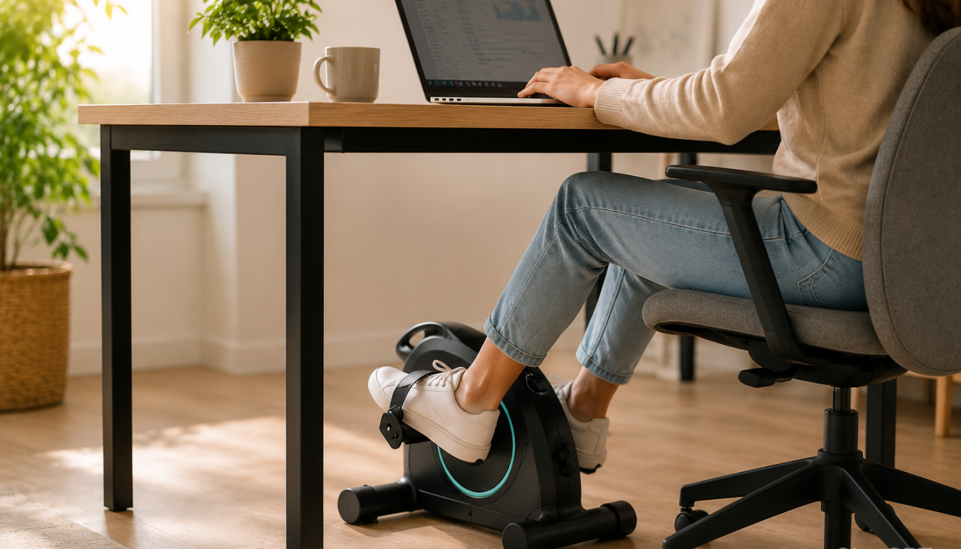 Personne utilisant un pédalier de bureau sous un bureau tout en travaillant sur un ordinateur portable dans un espace de travail lumineux