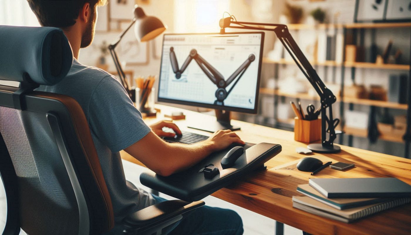 Homme travaillant sur bureau avec bras pose sur repose bras