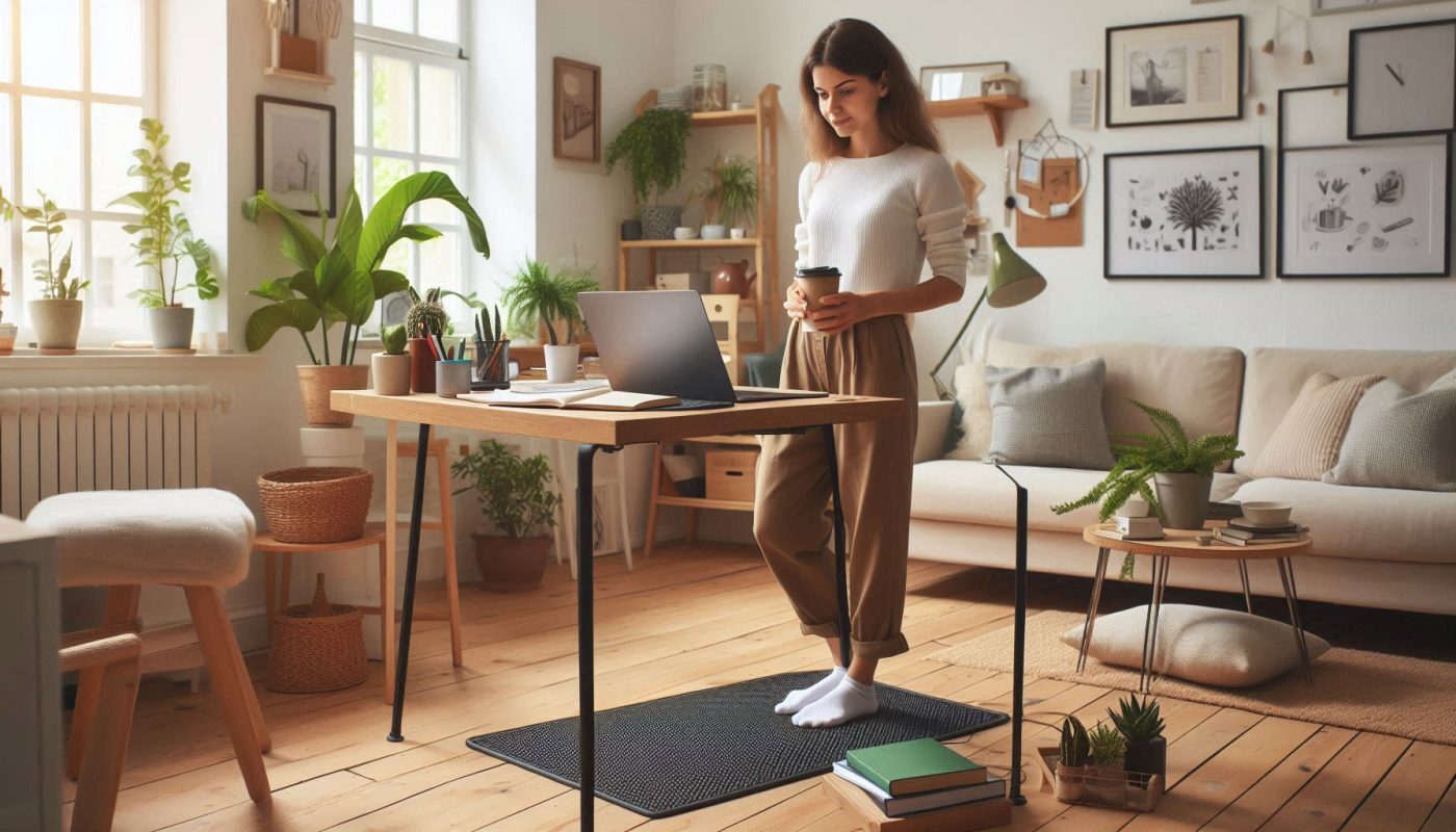 femme debout sur un tapis anti fatigue derriere un bureau
