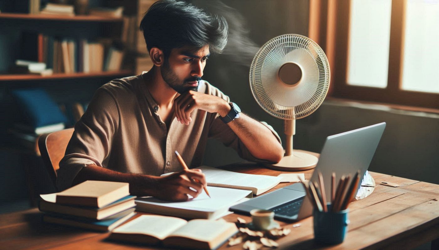 homme travaillant sur bureau avec ventilateur miniature