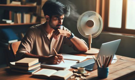 homme travaillant sur bureau avec ventilateur miniature