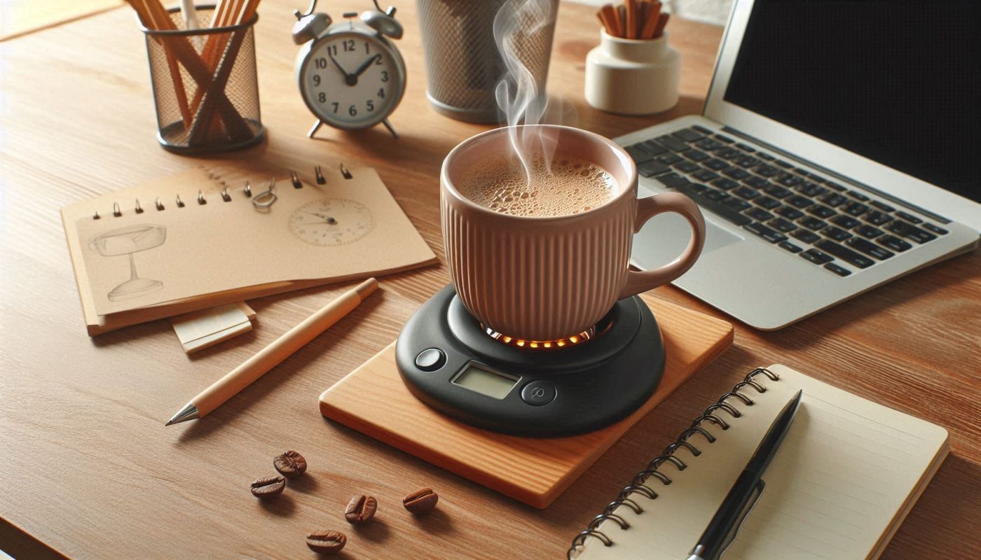 bureau avec chauffe tasse electrique avec tasse a cafe dessus