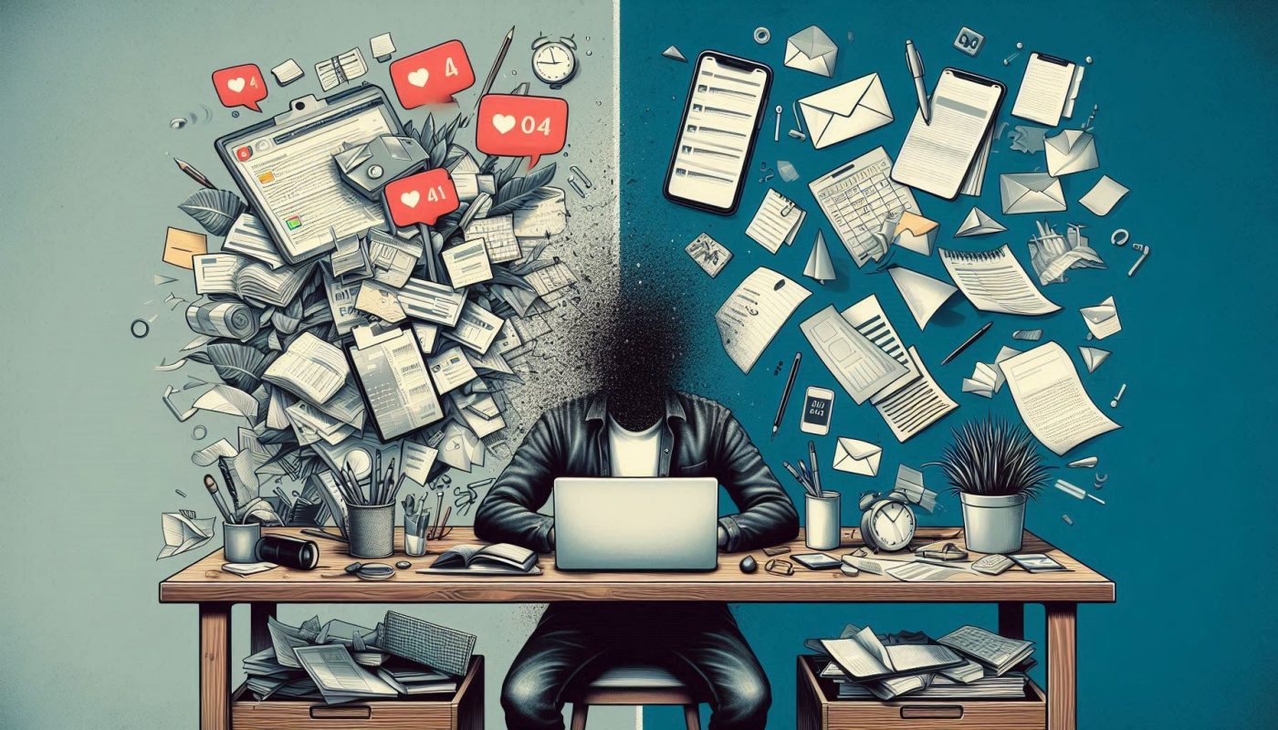 image divisee en deux parties a gauche une personne désorganisée avec un bureau en désordre, des notifications de téléphone qui apparaissent partout a droite la même personne avec un bureau organisé des horaires planifiés et une routine bien définie