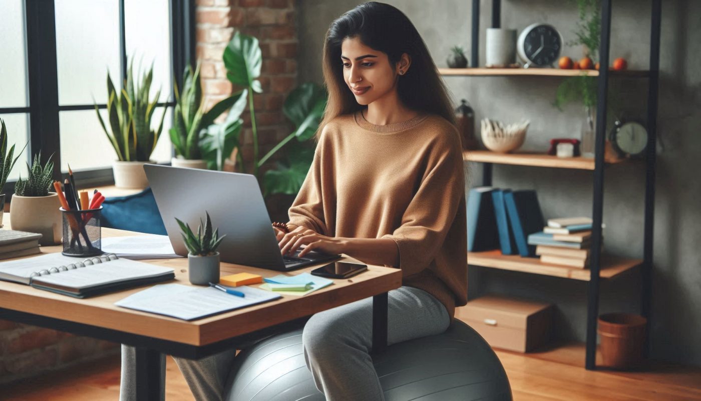 femme assise sur siege ballon travail sur un bureau avec ordinateur