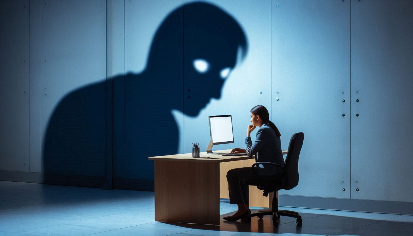 une personne assise seule dans son bureau en train de travailler sur son ordinateur derrière elle une ombre gigantesque s'étend déformée représentant son syndrome de l’imposteur