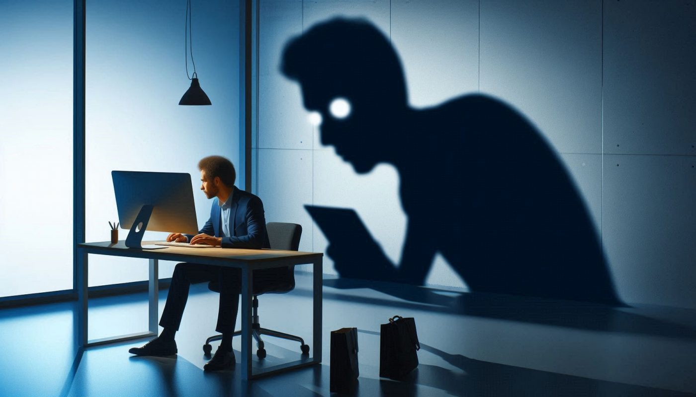 personne assise seule sur bureau avec derriere une ombre grande humaine qui regarde