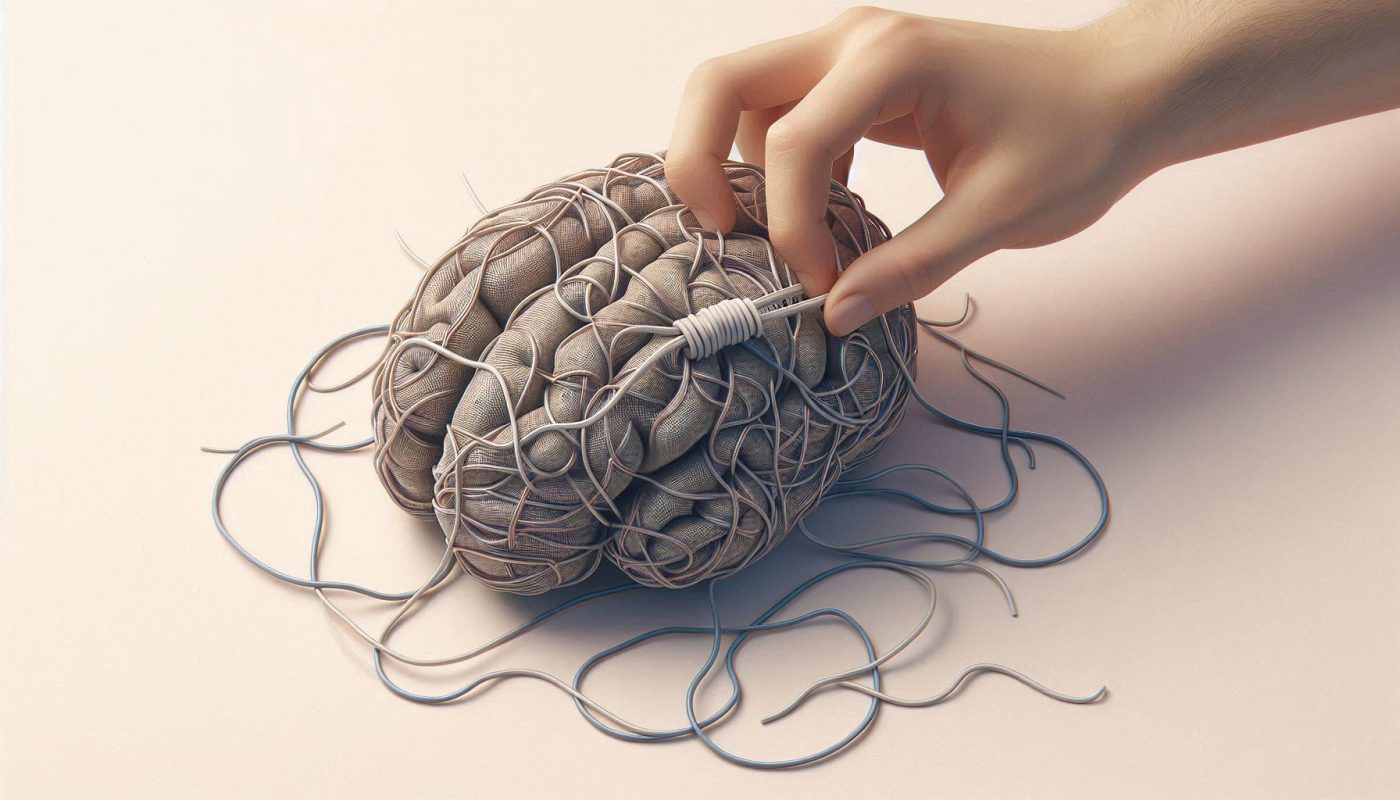 cerveau humain entoure de fil avec main dessus