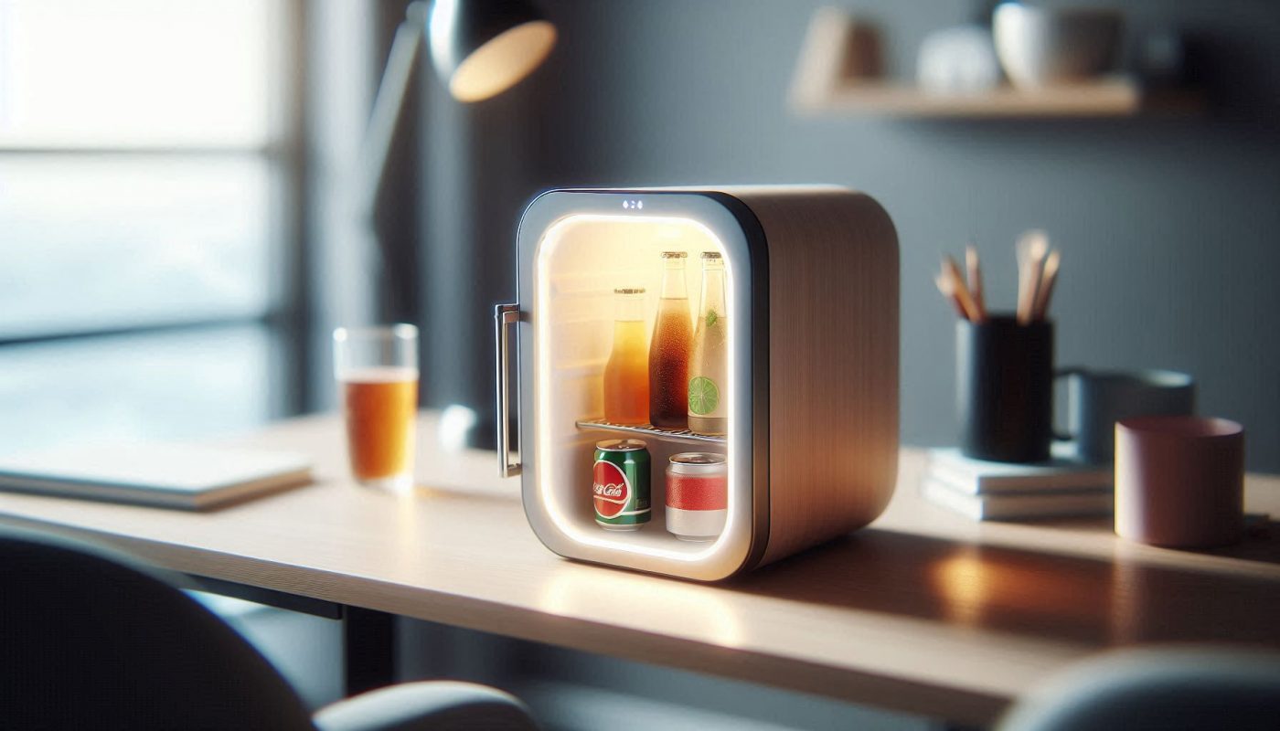 Un mini frigo compact stylise pose sur un bureau avec une lumiere douce sur des boissons et un fond flou