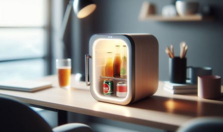 Un mini frigo compact stylise pose sur un bureau avec une lumiere douce sur des boissons et un fond flou