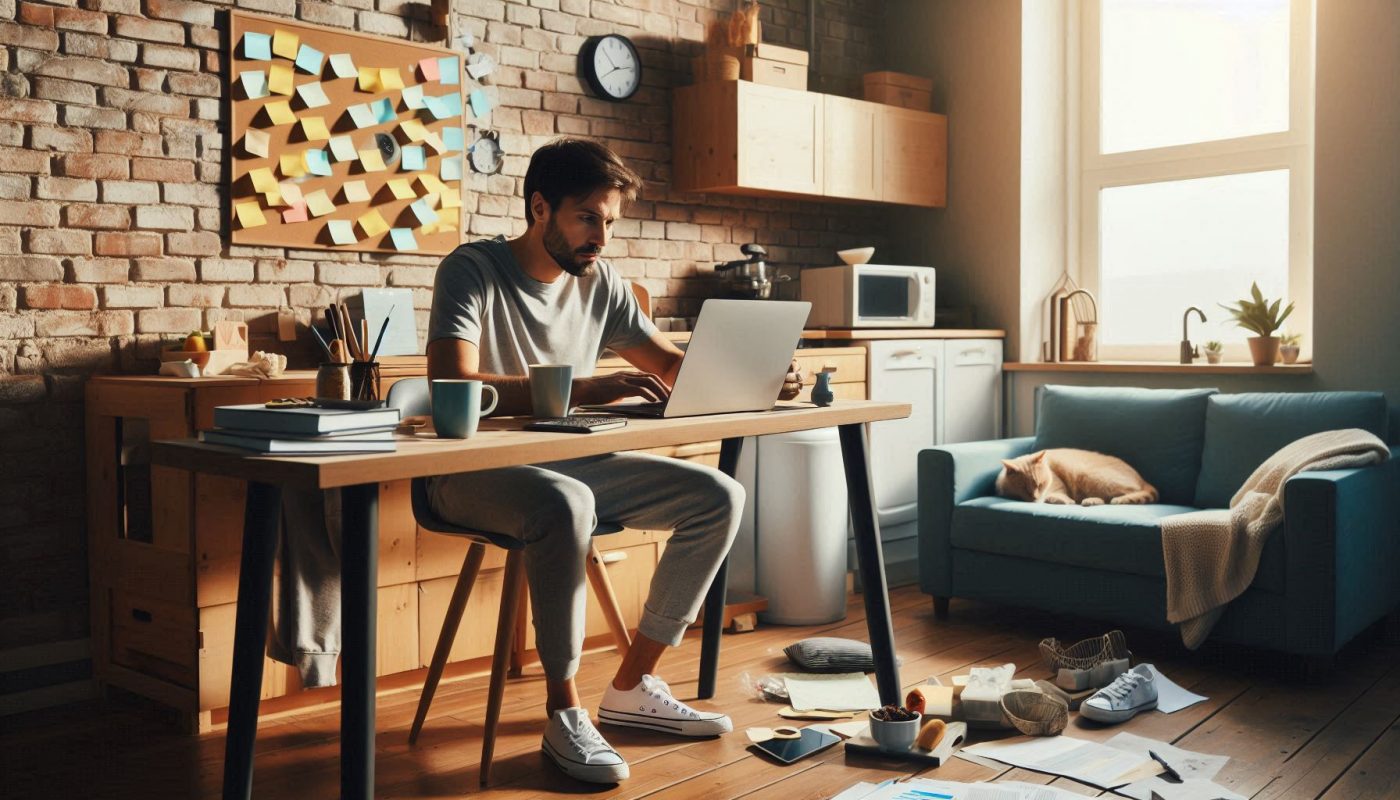 homme assis sur bureau travail avec post it derrire lui et chat sur canape