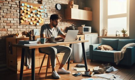 homme assis sur bureau travail avec post it derrire lui et chat sur canape