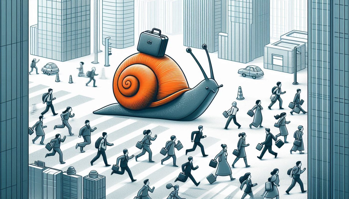 escargot colore avec valise dans ville au milieu de gens qui courent partout