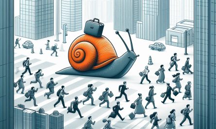 escargot colore avec valise dans ville au milieu de gens qui courent partout