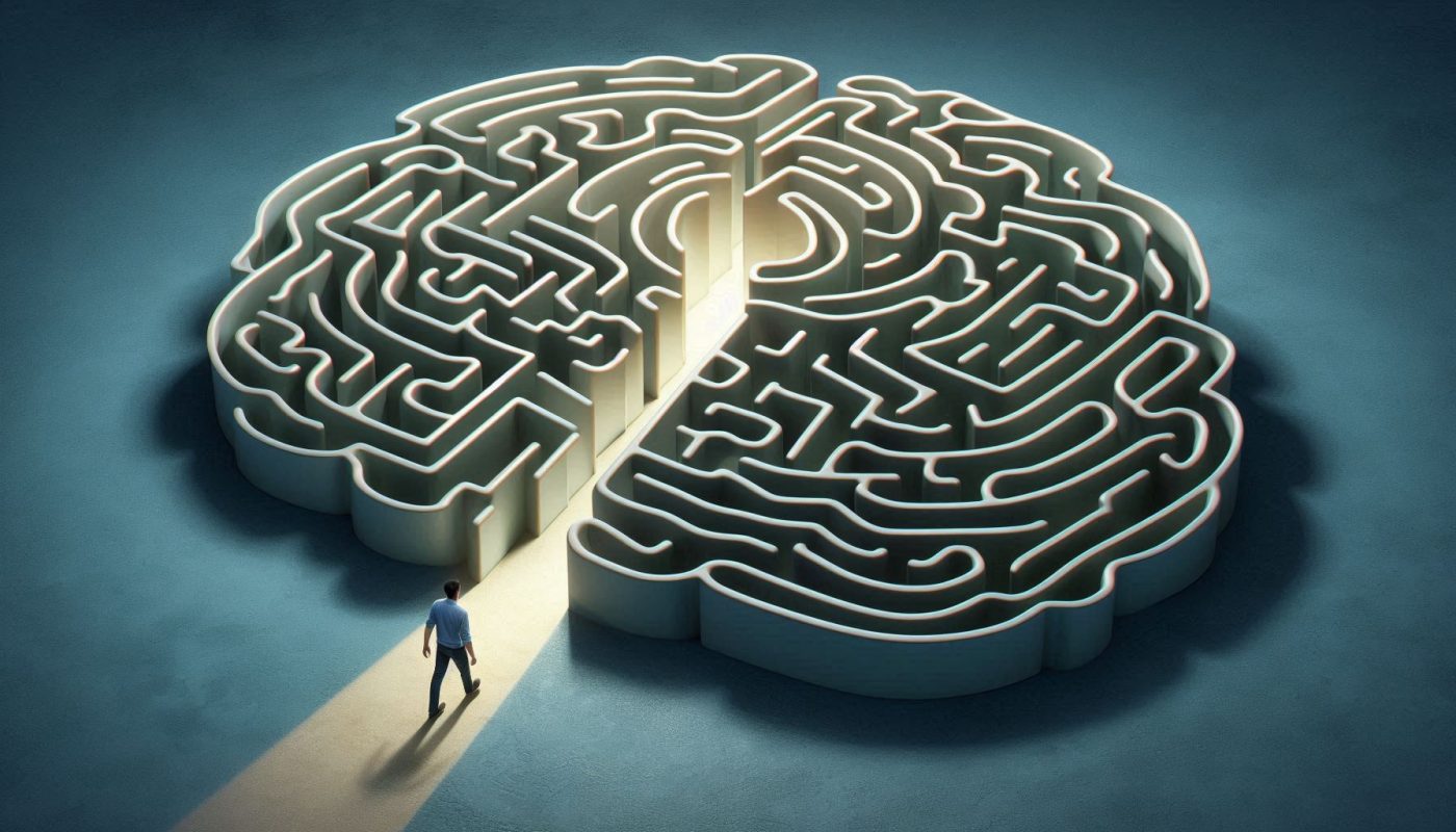 labyrinthe en forme de cerveau avec lumiere et homme