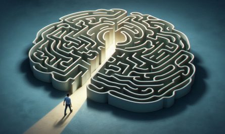 labyrinthe en forme de cerveau avec lumiere et homme