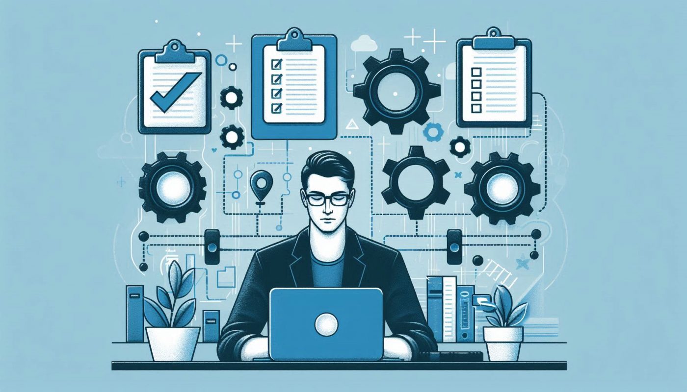 homme sur bureau avec engrenage liste et to do list