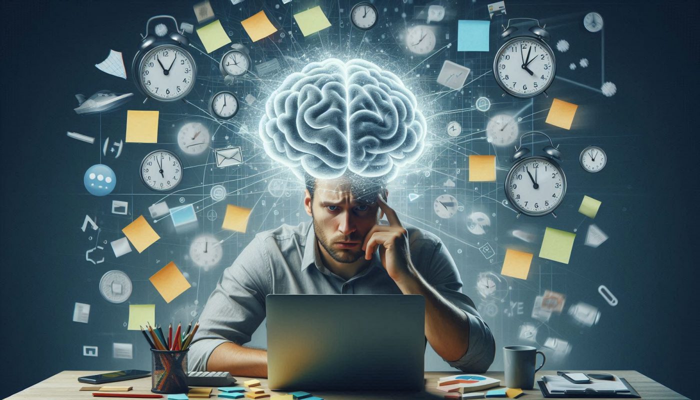 homme devant ordinateur avec horloge et post it autour de lui