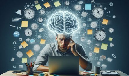 homme devant ordinateur avec horloge et post it autour de lui