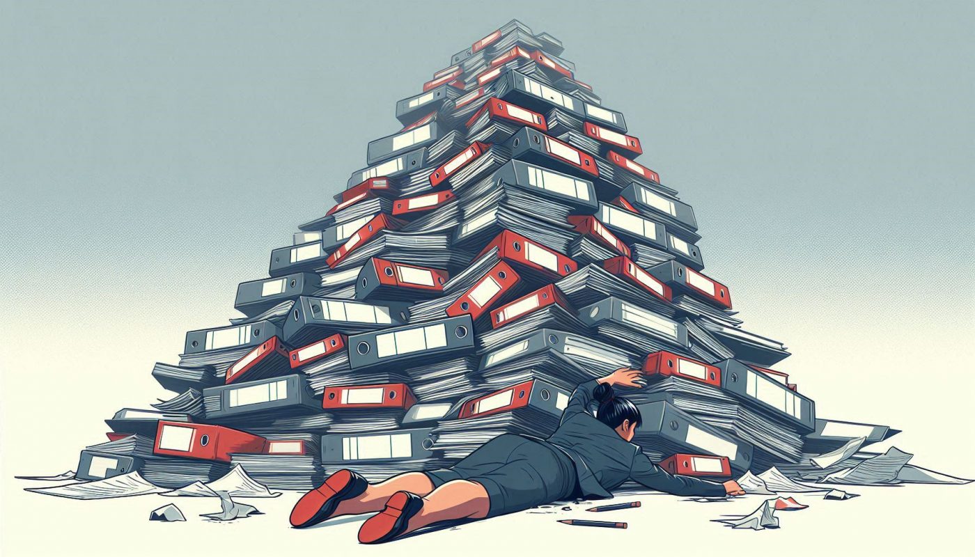 femme en dessous pile de dossiers et feuilles