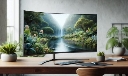 ecran incurve sur bureau avec plantes