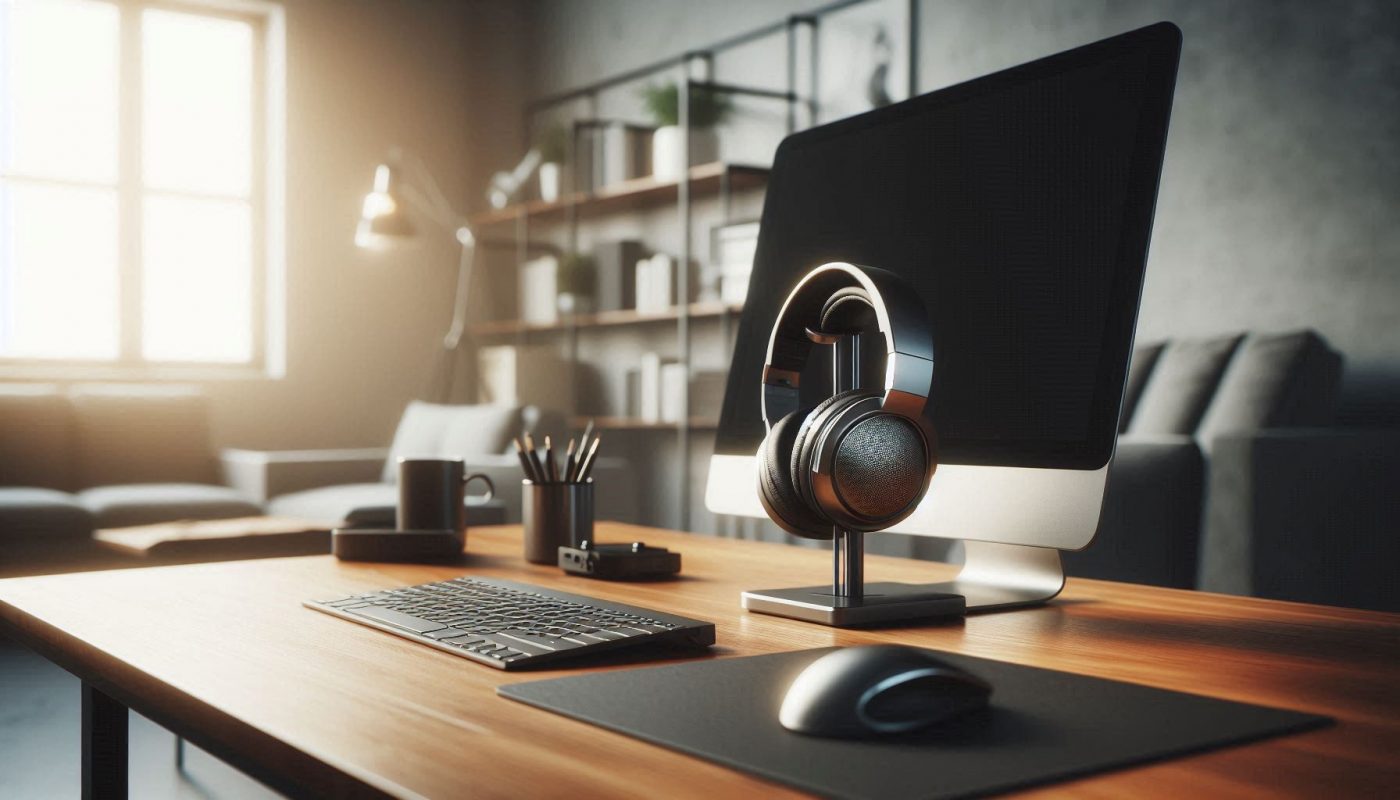 bureau avec support de casque et casque audio dessus