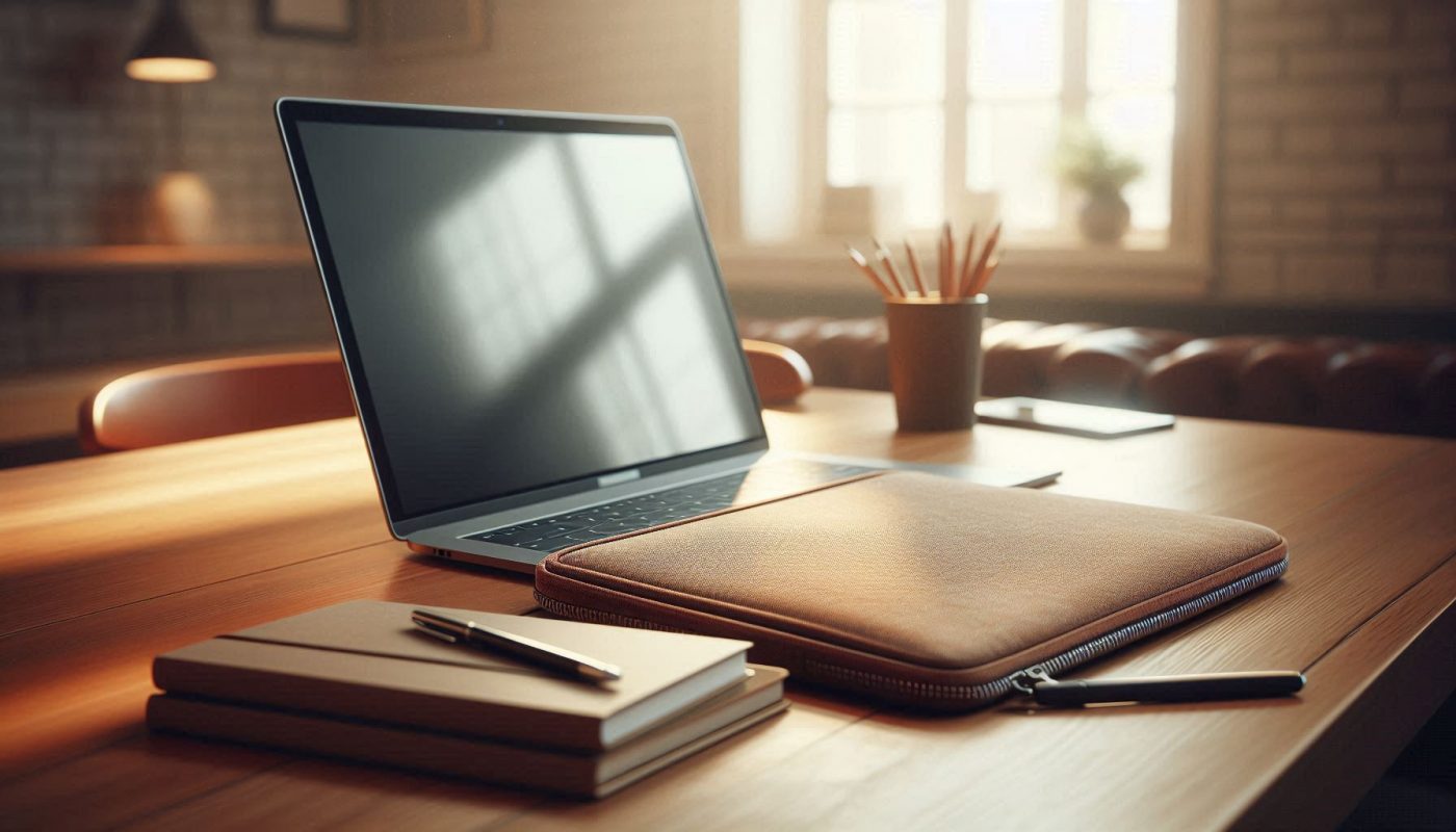 sac pour ordinateur pose a cote pc portable de bureau