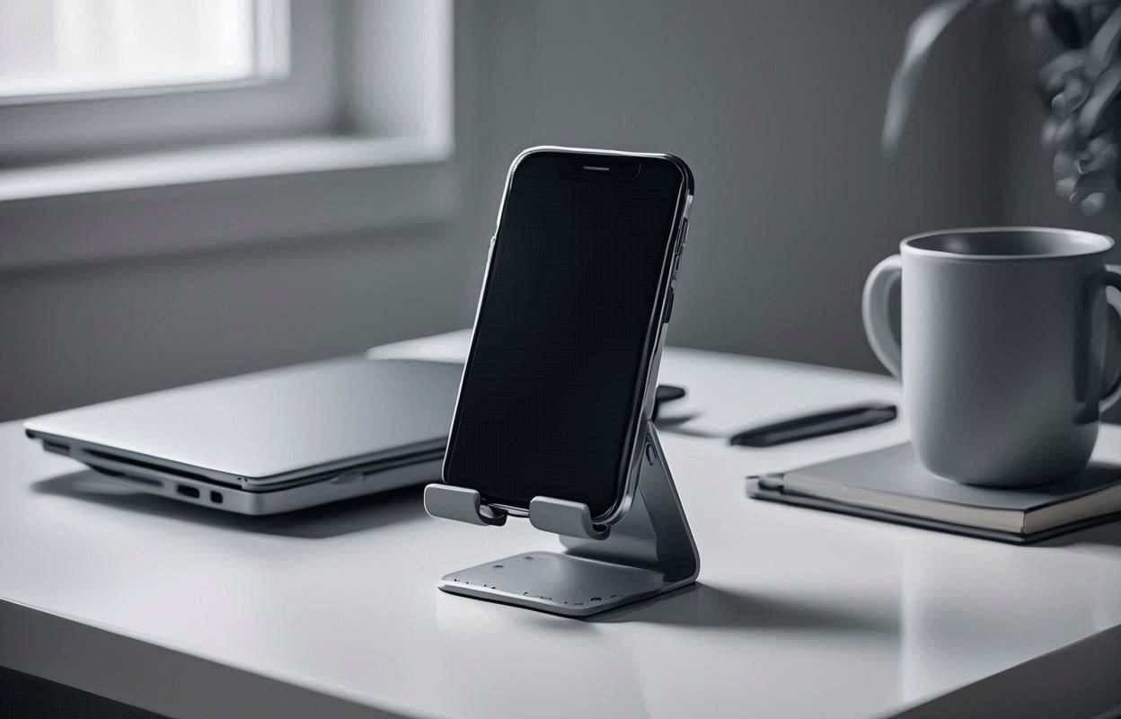 support de telephone sur un bureau avec ordinateur et tasse