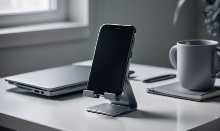 support de telephone sur un bureau avec ordinateur et tasse