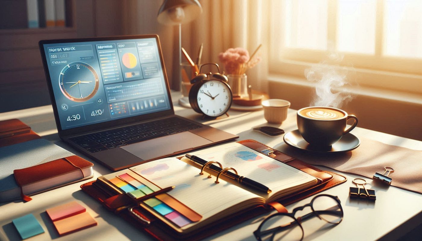 bureau bien organise avec ambiance matin et lumiere douce