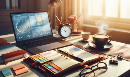 bureau bien organise avec ambiance matin et lumiere douce