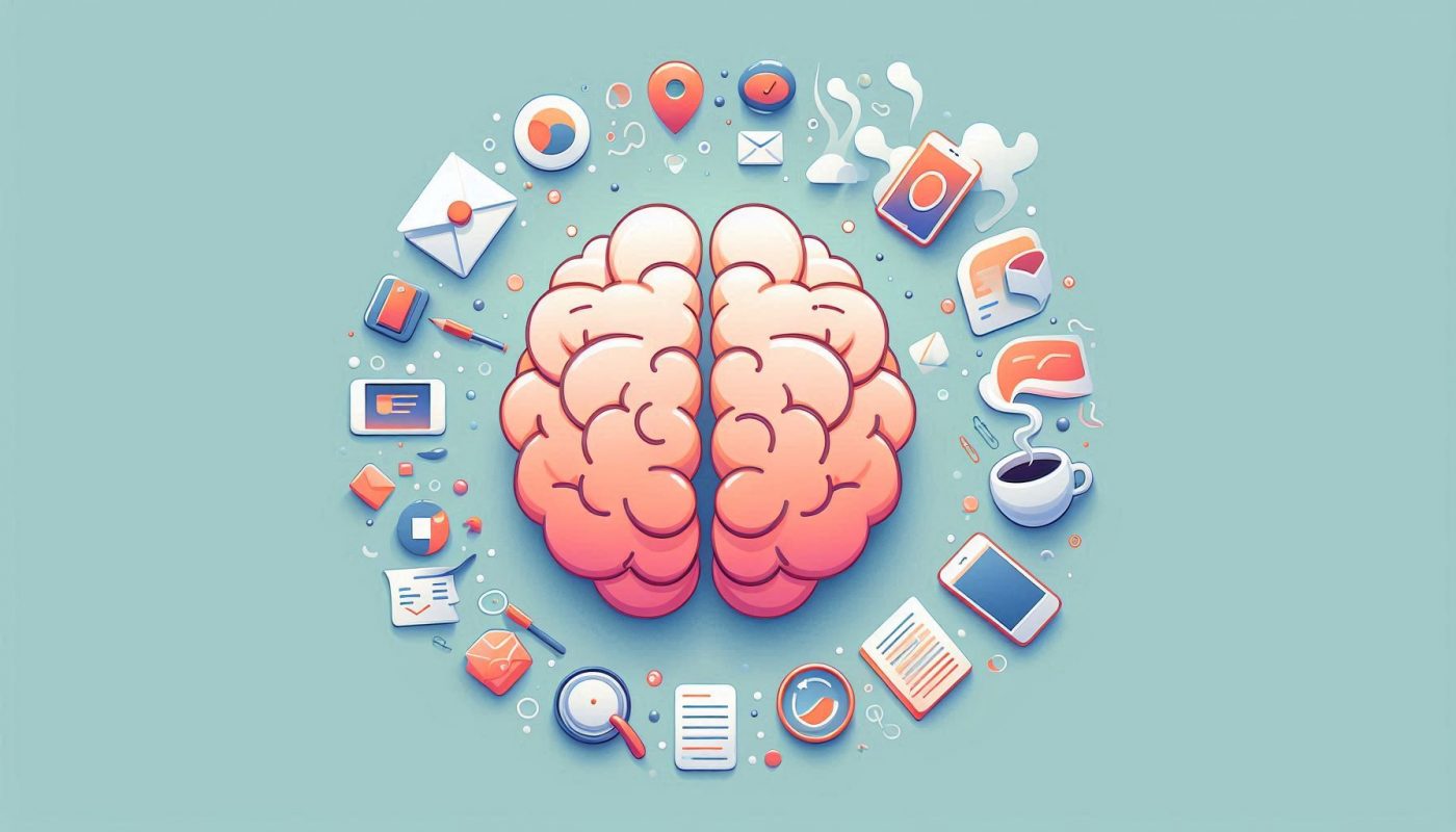 illustration cerveau entoure d emojis de distractions