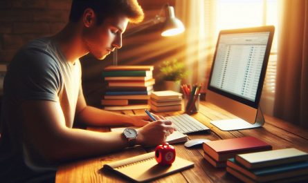 homme assis ecrit sur carnet avec minuteur et ordinateur bureau