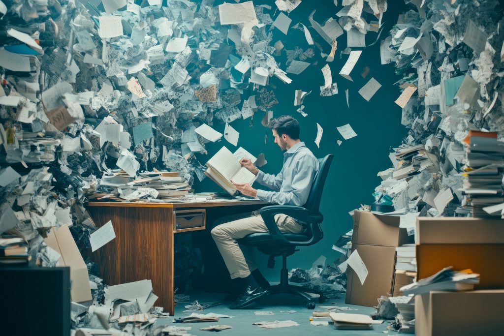 homme travail sur bureau entoure de feuille qui tombe dessus