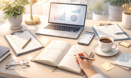espace de travail avec ordinateur bureau cahier de note et tasse de cafe